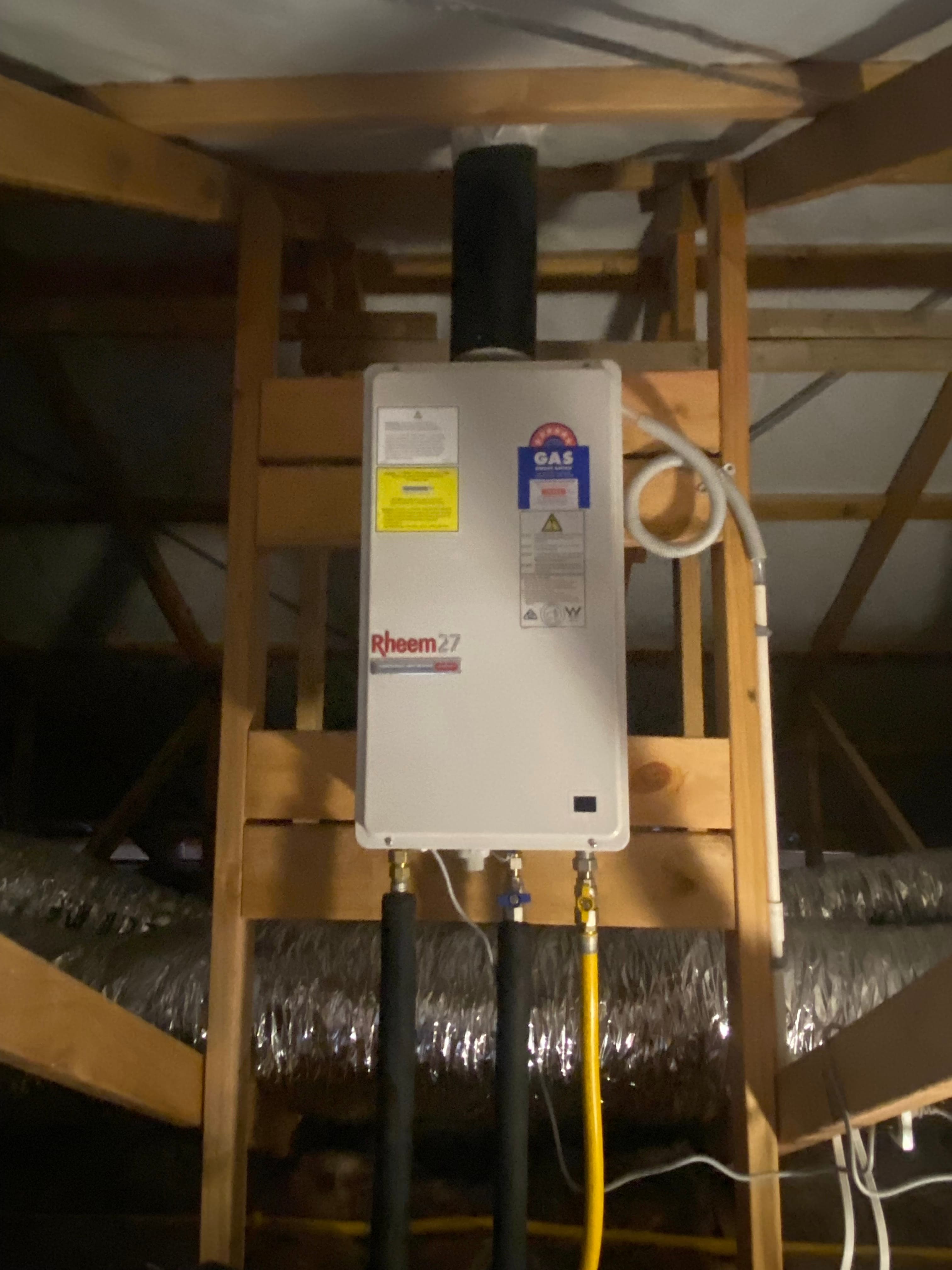 Rheem 27 gas unit installed in roof space by PGDB certified gasfitter